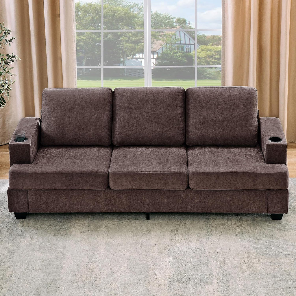 Garvee 89' 3-Seater Sofa for Living Room, Comfy Couches with Deep Seat, Modern Chenille Couch with Cup Holders and Side Storage Pockets for Apartment Lounge, Brown