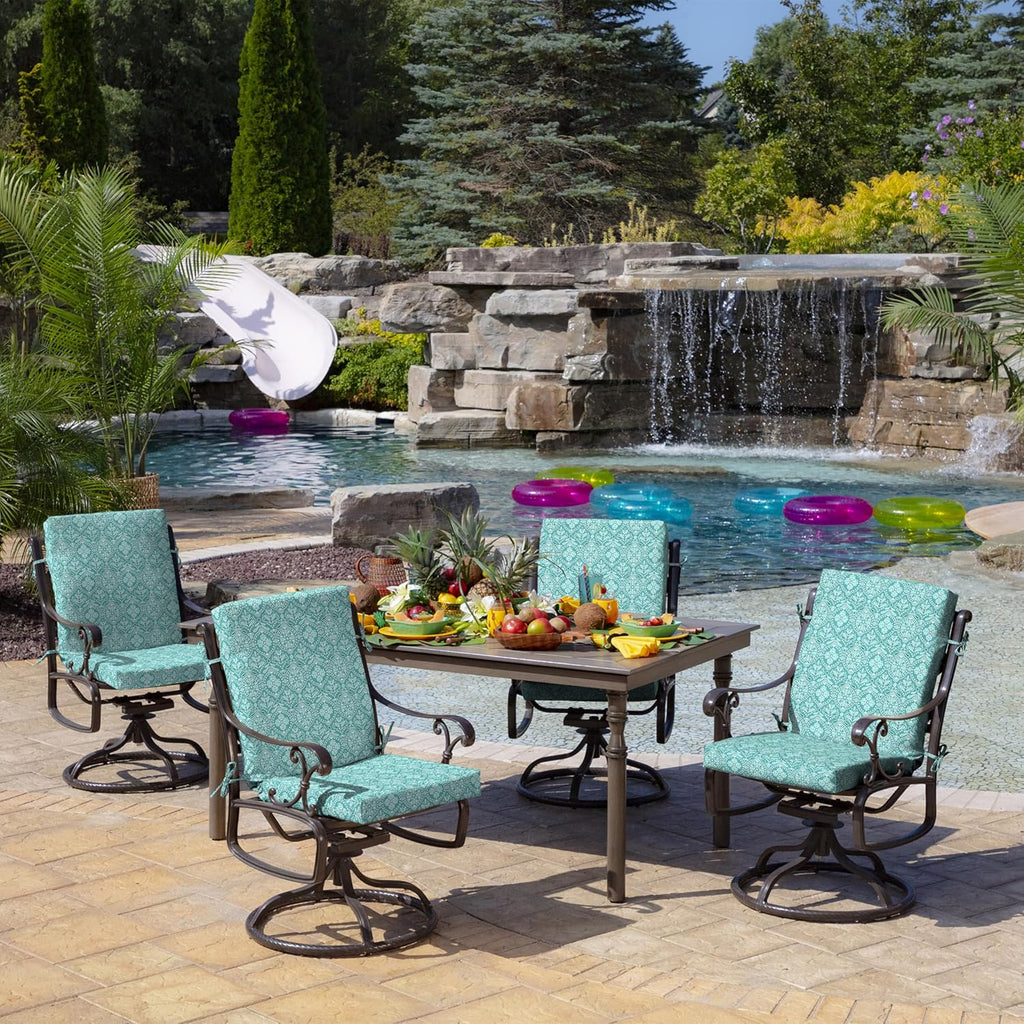 Arden 4-Pack Outdoor Patio Dining Chair Cushion, 20x44, Rain-Proof Seat Pad, Fade-Resistant Outdoor Cushion Turquoise Daphne Medallion