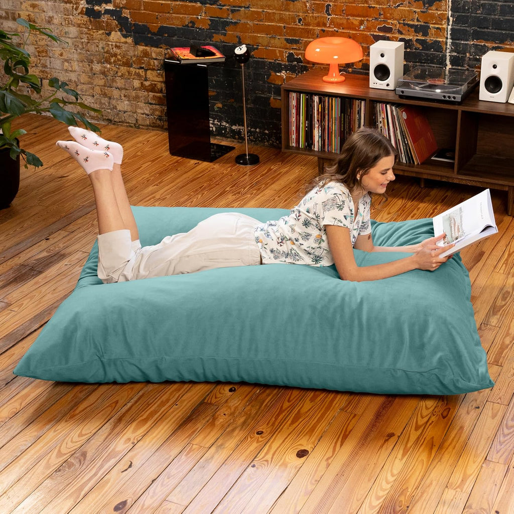 Pillow Saxx Bean Bag Rocking Chair - Elegant Oversized Rocker with Modern Wood Frame, Lush Velvet Turquoise
