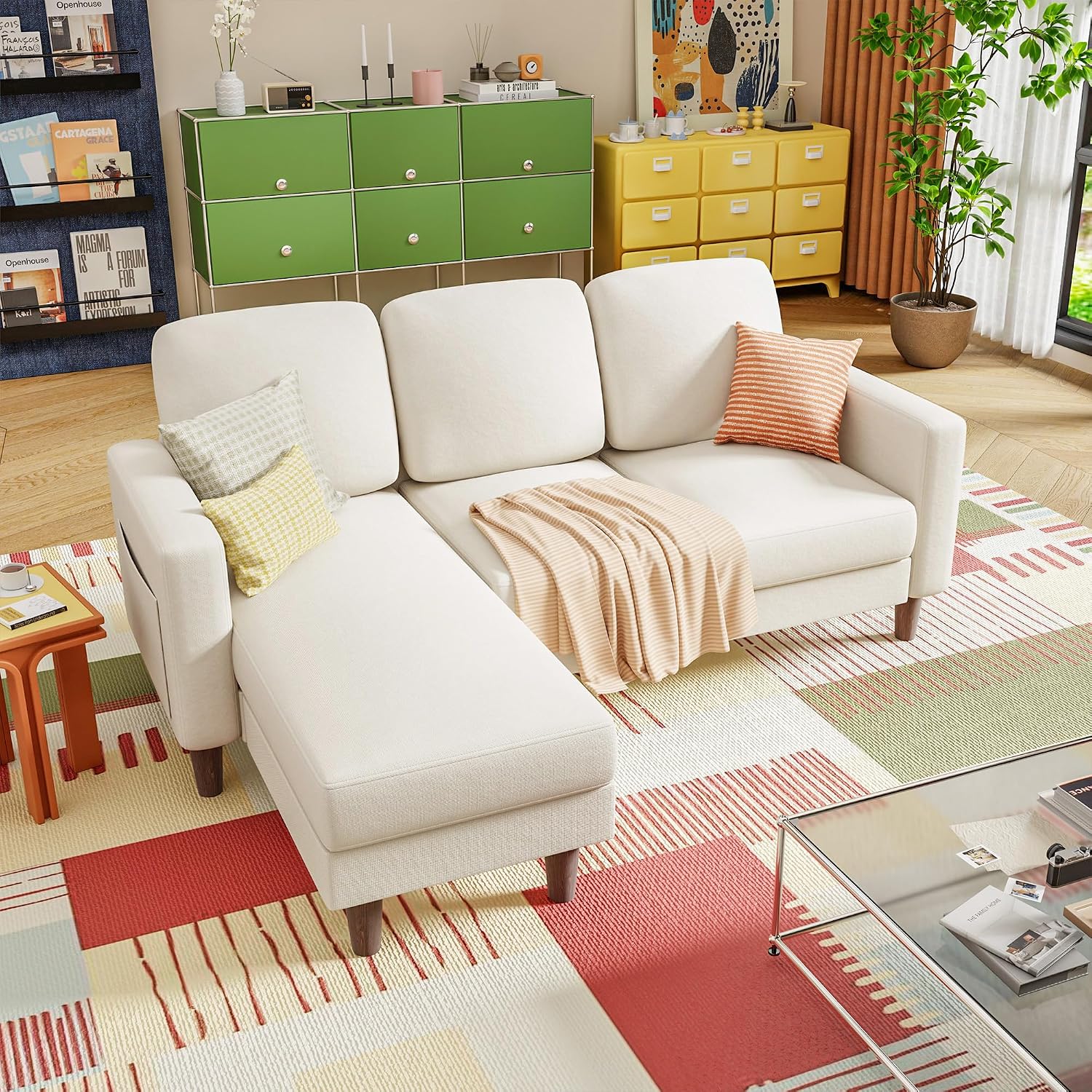 YESHOMY Couches for Living Room, Sofa with Movable Ottoman, Small Couch with Reversible Chaise and Side Pockets, L Shaped Couch for Small Space, Apartment (Linen Fabric, Beige)