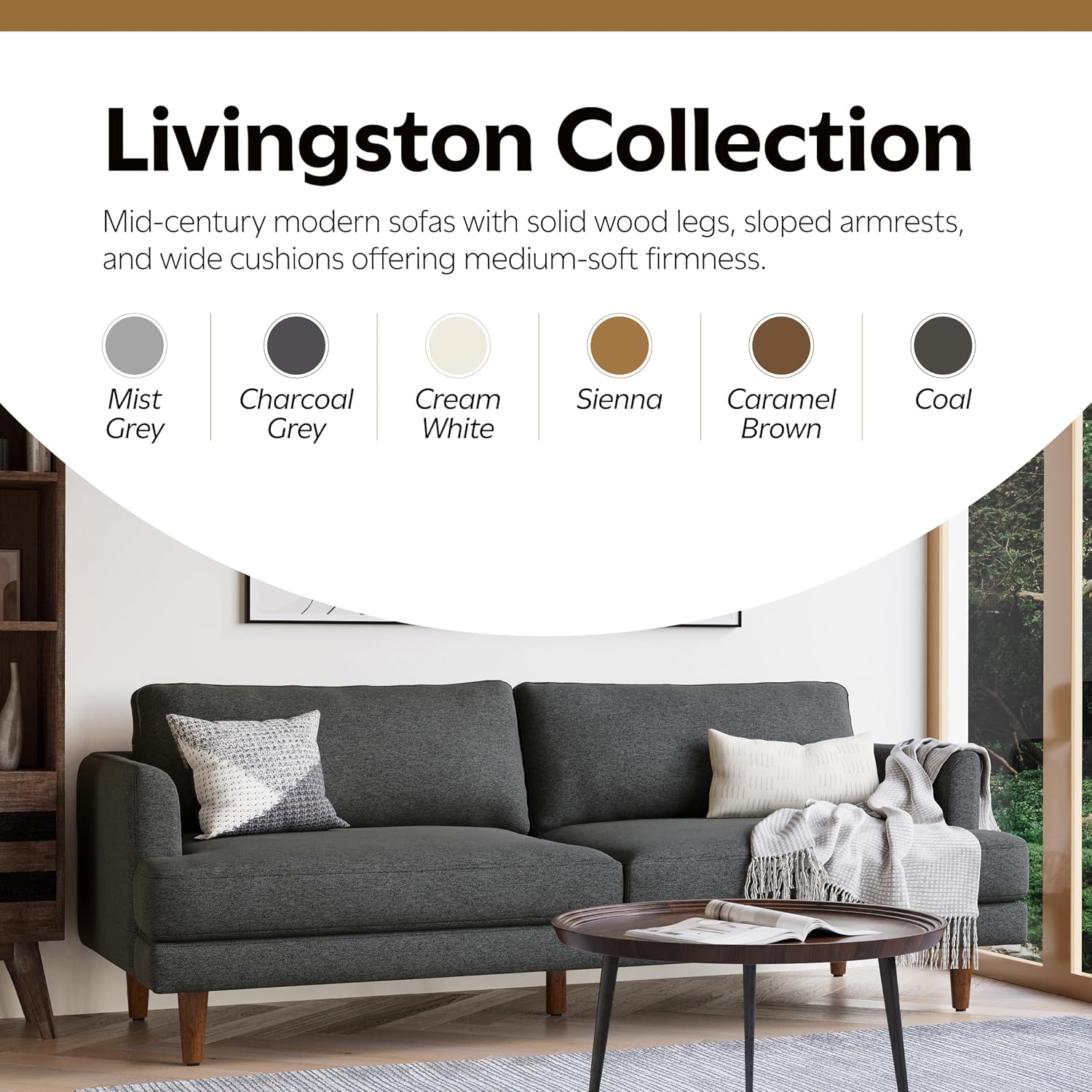 SIMPLIHOME Livingston 76' Wide x 33' High Sofa in Charcoal Grey Woven-Blend Fabric, Handcrafted Loveseat Couch for Living Room or Family Room, Mid-Century Modern Style, Solid Wood Frame