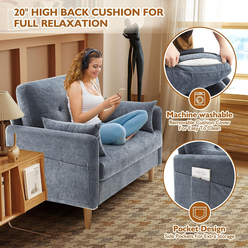 Urhanherry 47' Small Sofa Couch for Bedroom, Soft Chenille loveseat Mini Couch with Throw Pillow and Removable Cushion Cover for Small Spaces, Living Room, Apartment, Dorm, Office(Blue Grey)