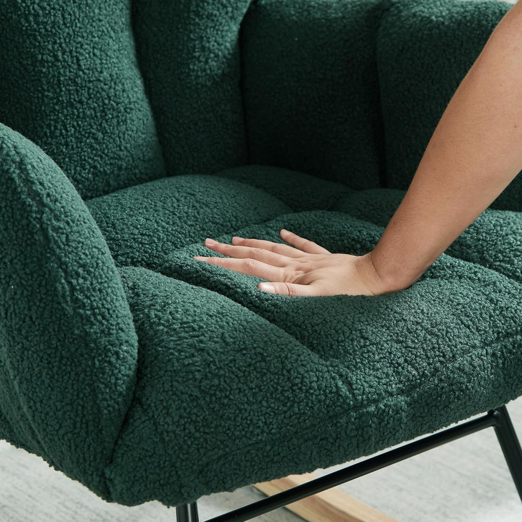 Glider Chair for Living Room & Nursery, Tufted Upholstered Teddy Rocking Chair with High Backrest & Stable Metal Frame, 300lbs Capacity, Comfy Rocker Glider for Adults & Kids, Office & Bedroom(Green)