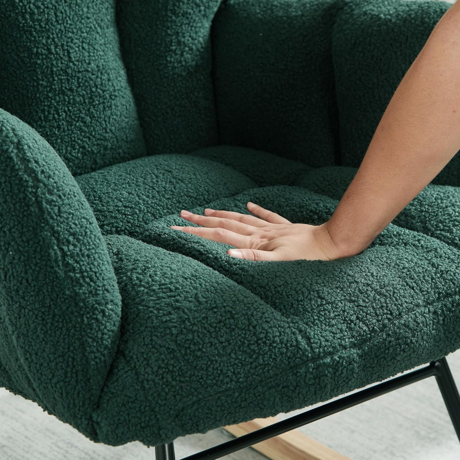 Glider Chair for Living Room & Nursery, Tufted Upholstered Teddy Rocking Chair with High Backrest & Stable Metal Frame, 300lbs Capacity, Comfy Rocker Glider for Adults & Kids, Office & Bedroom(Green)