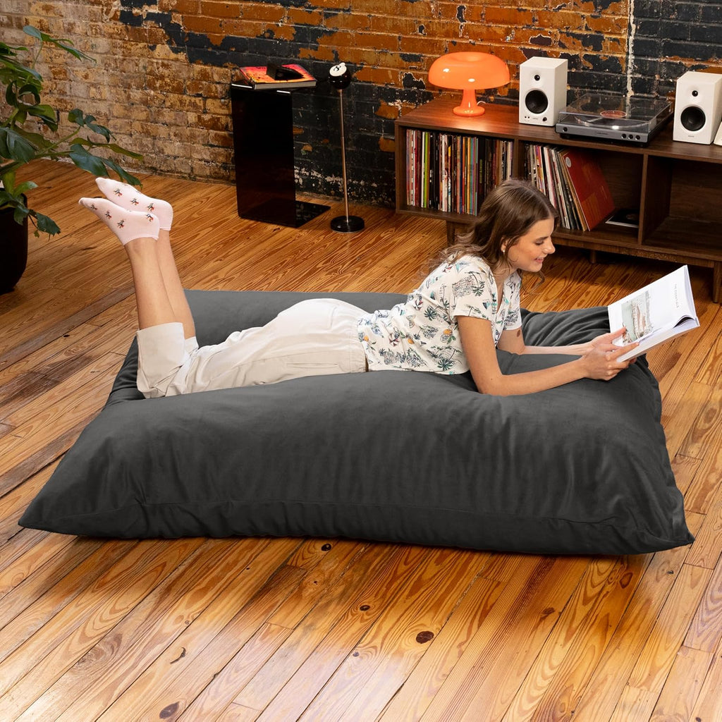 Pillow Saxx Bean Bag Rocking Chair - Elegant Oversized Rocker with Modern Wood Frame, Lush Velvet Black