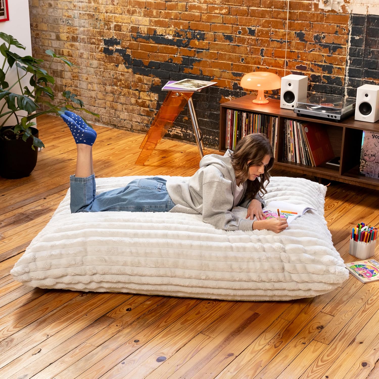 Pillow Saxx Bean Bag Rocking Chair - Elegant Oversized Rocker with Modern Wood Frame, Mondo Fur Ivory