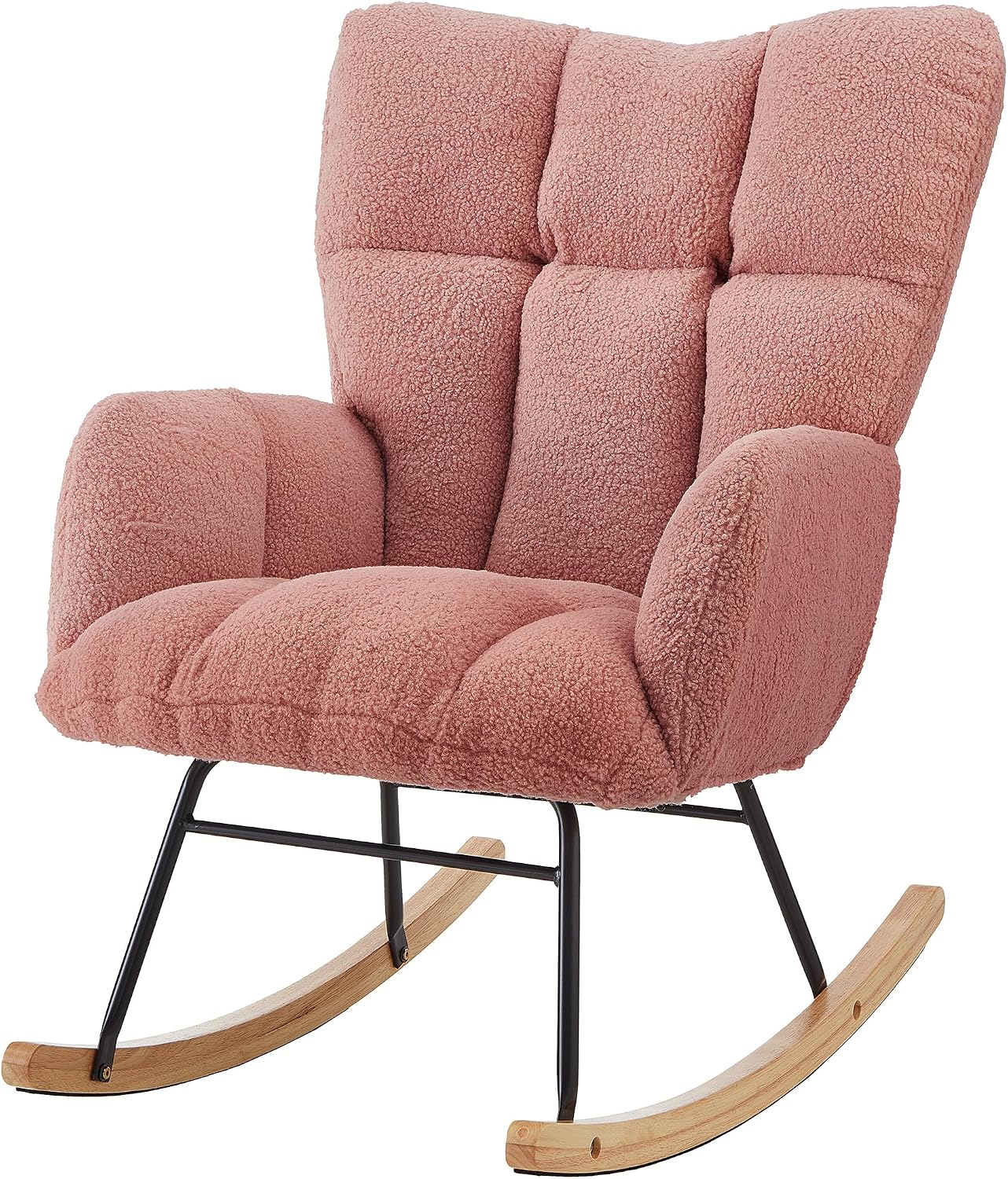 Glider Chair for Living Room & Nursery, Tufted Upholstered Teddy Rocking Chair with High Backrest & Stable Metal Frame, 300lbs Capacity, Comfy Rocker Glider for Adults & Kids, Office & Bedroom(Pink)