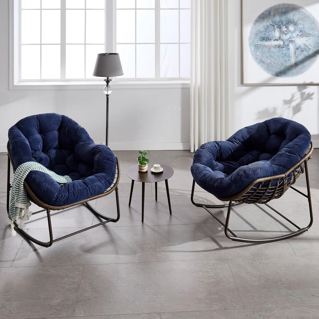 Ball & Cast Outdoor Patio Rocking Chair,Oversized Papasan Egg Chair with E-Coated,Padded Cushion,Recliner Chair for Front Porch, Garden, Patio, Backyard,Navy Blue