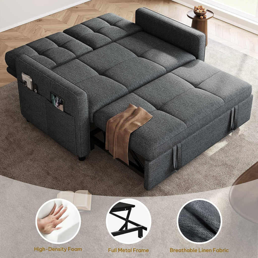 YITAHOME 55' Convertible Sofa Bed, 3-in-1 Sleeper Sofa with Iron Frame Pull-Out Bed, Linen Futon Couch with Reclining Backrest and Side Pocket, Modern Loveseat for Living Room Bedroom Apartment, Grey