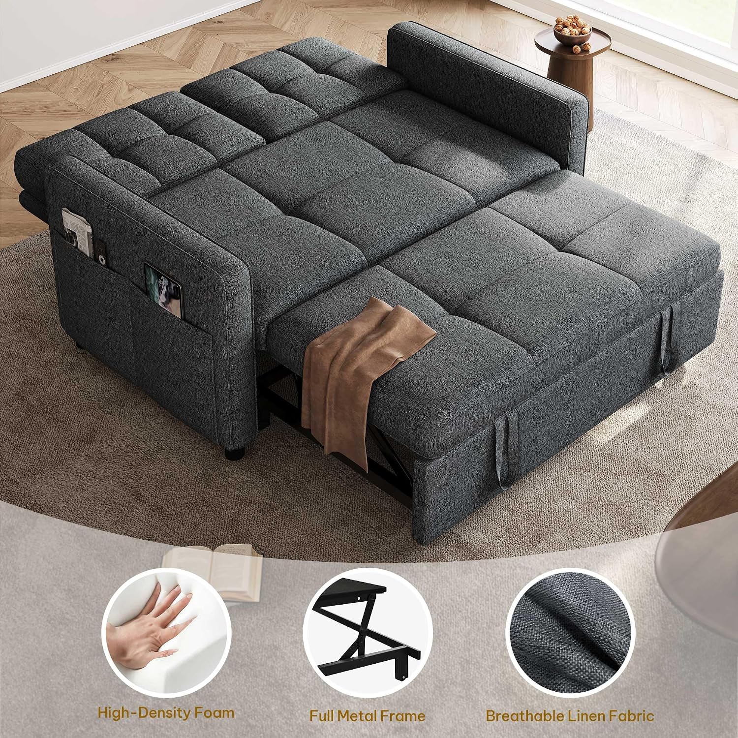 YITAHOME 55' Convertible Sofa Bed, 3-in-1 Sleeper Sofa with Iron Frame Pull-Out Bed, Linen Futon Couch with Reclining Backrest and Side Pocket, Modern Loveseat for Living Room Bedroom Apartment, Grey