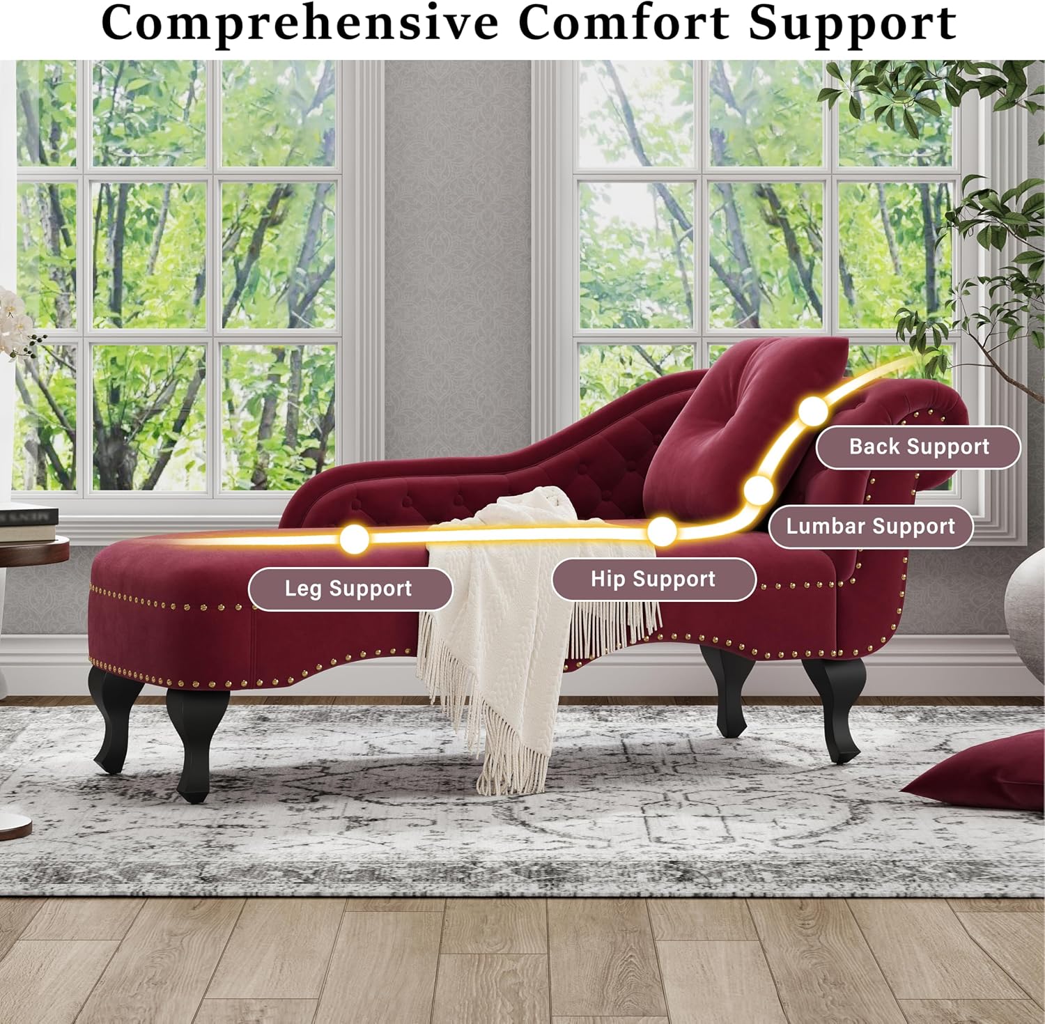 Merax 62'' Velvet Chaise Lounge Indoor with 1 Pillow and Nailhead Trim, Button Tufted Design Reclining Chair with Scrolled Backrest, Sleeper Sofa for Bedroom, Living Room or Office,