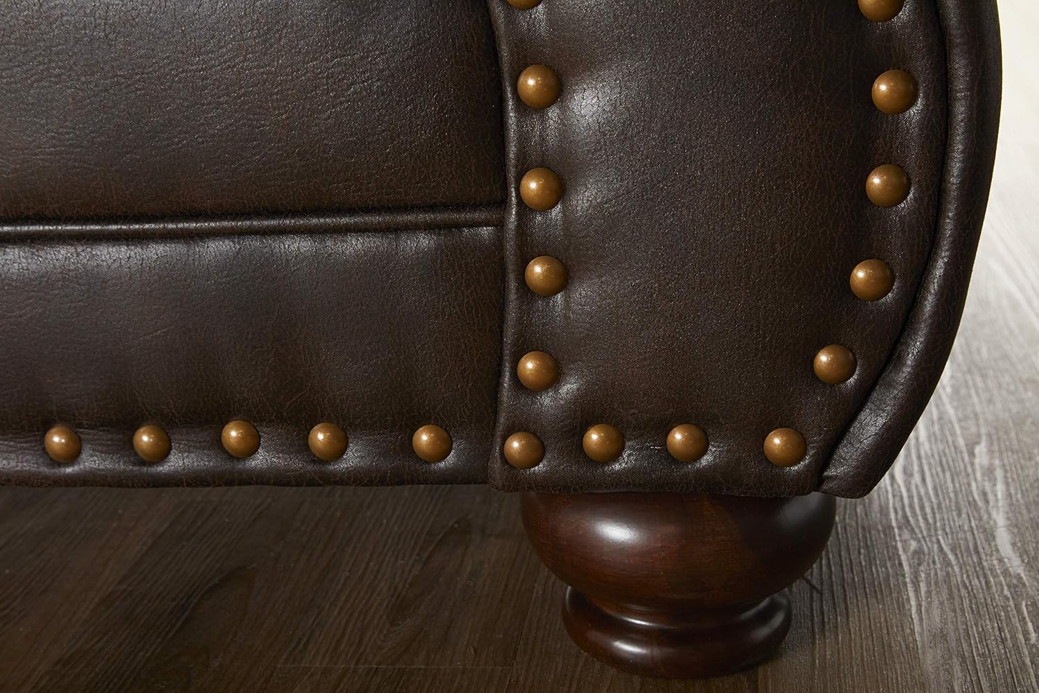 Leinster Faux Leather Sofa with Antique Bronze Nailheads in Espresso