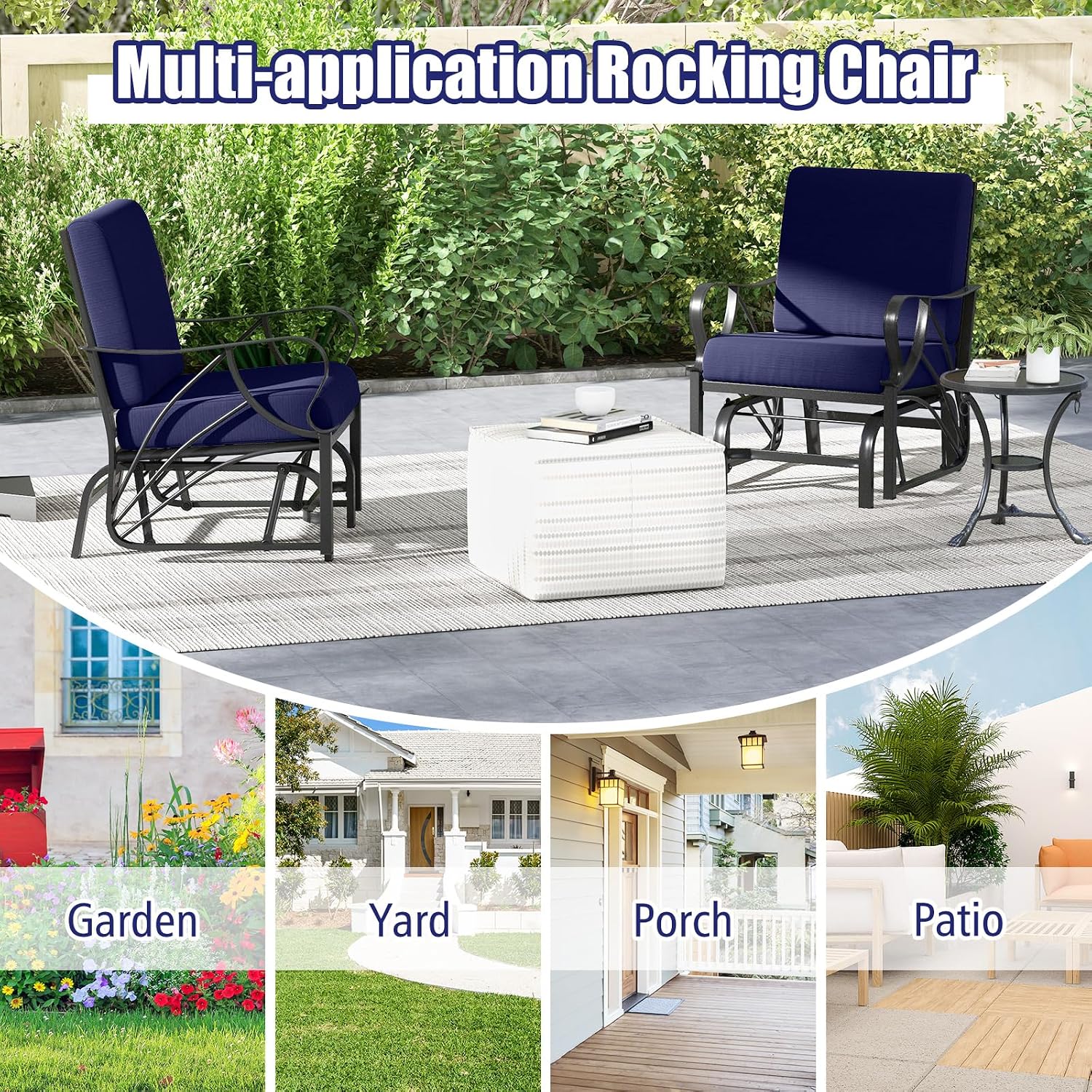 Giantex 2-Pack Outdoor Glider, Patio Rocking Chair with Thick Cushion, Sturdy Metal Frame, Curved Armrest, Ergonomic Design, Single-Person Glider Chair for Garden, Yard, Porch Rocker, Navy