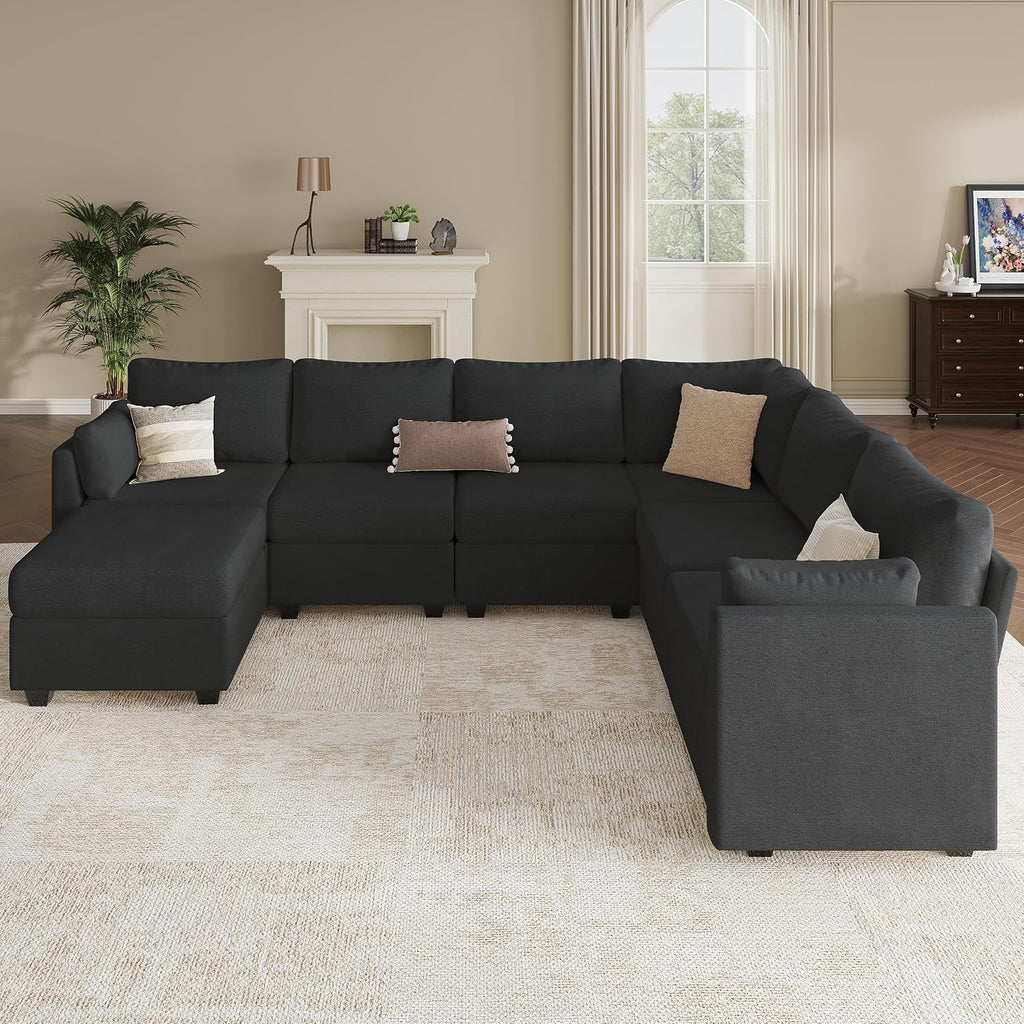 Modular Sectional Sofa Couches, Large Convertible Modular Couches with Storage, 7-Seater Sectional Sofa for Living Room, U Shaped Sectional Couch Sleeper Sofa with Chaise (Black, 7 Seats)