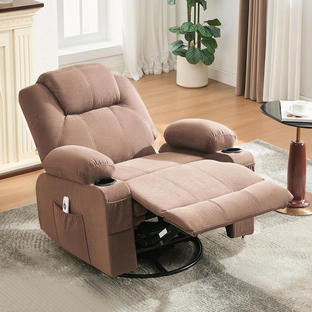 Weture Swivel Rocker Recliner Chair with Heat and Massage, 360 Degree Swivel Rocking Single Sofa with Cup Holders and USB Port, Big Oversized Recliner Chair for Living Room (Fabric, Brown)