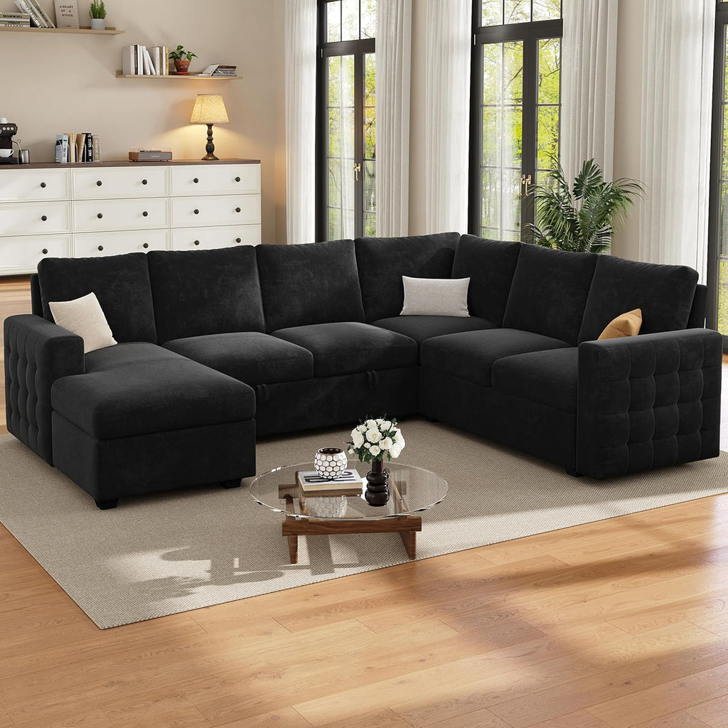 104' Sectional Sleeper Sofa Bed, Pull Out Couch with Storage, Modular Cloud Sofa with Chaise, 7 Seat U Shaped Sectional Couches for Living Room& Apartment, Convertible Sofas, Black Couch