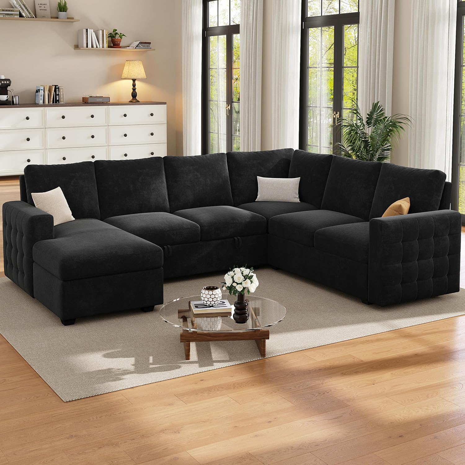104' Sectional Sleeper Sofa Bed, Pull Out Couch with Storage, Modular Cloud Sofa with Chaise, 7 Seat U Shaped Sectional Couches for Living Room& Apartment, Convertible Sofas, Black Couch