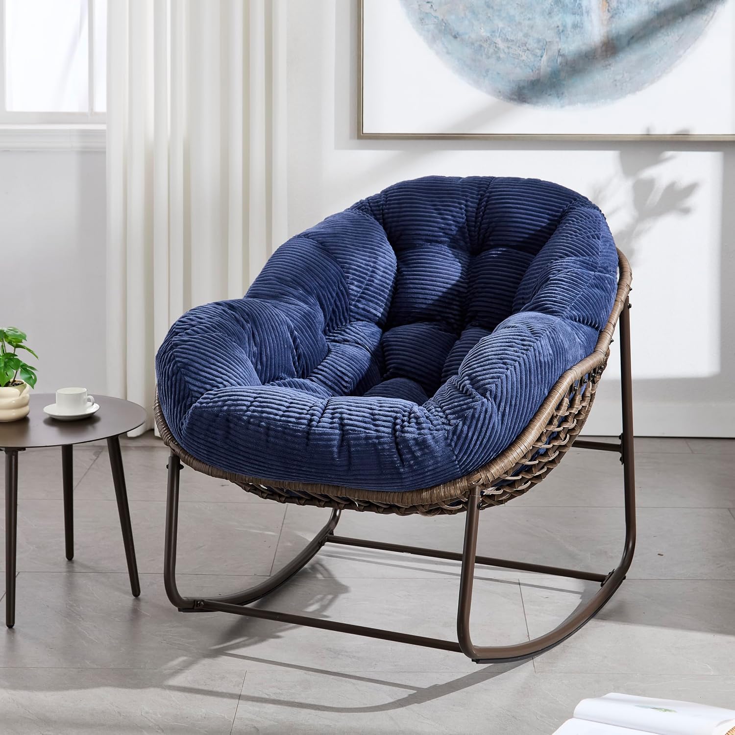 Ball & Cast Outdoor Patio Rocking Chair,Oversized Papasan Egg Chair with E-Coated,Padded Cushion,Recliner Chair for Front Porch, Garden, Patio, Backyard,Navy Blue