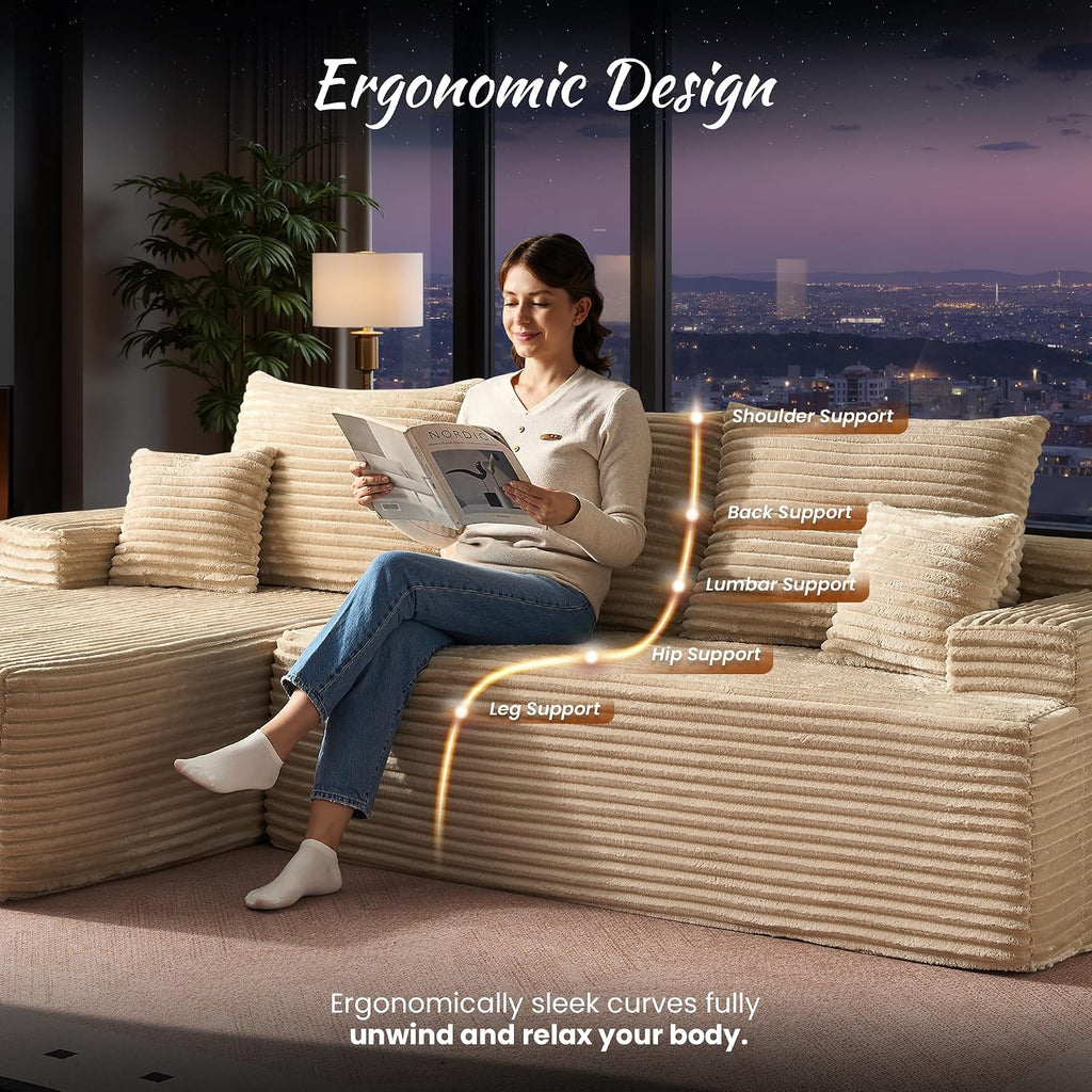 ovios 104' Cloud Boneless Couch with Glitter Fabric, Moudular Sectional Sofa with Deep Seat, No Assembly Required, Modern Minimalist L Shaped Couches with Chaise for Living Room, Beige