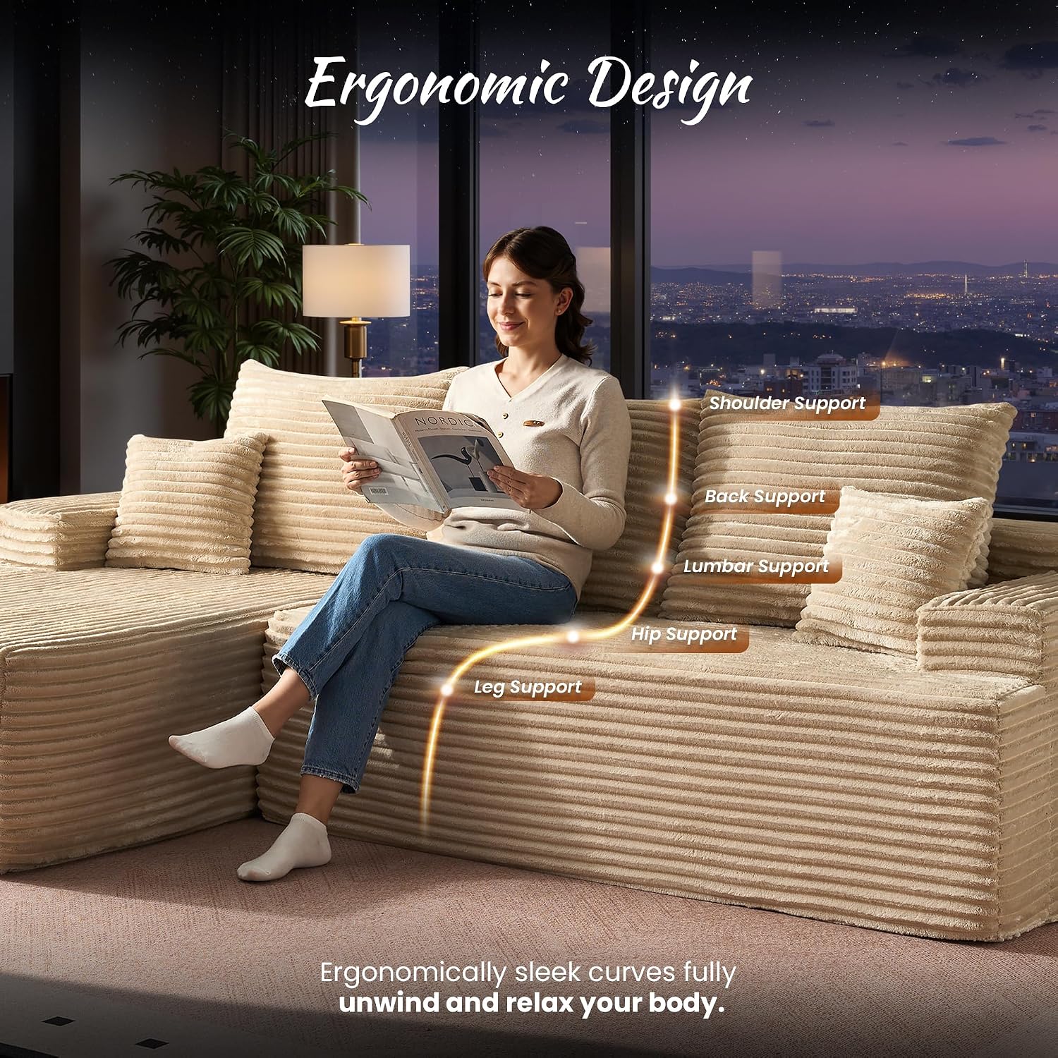 ovios 104' Cloud Boneless Couch with Glitter Fabric, Moudular Sectional Sofa with Deep Seat, No Assembly Required, Modern Minimalist L Shaped Couches with Chaise for Living Room, Beige