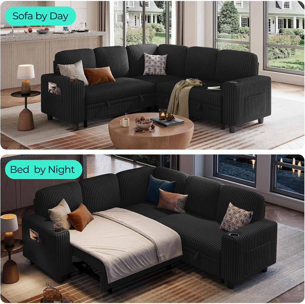 LINSY HOME Sectional Sleeper Sofa Pull Out Couches for Living Room (Black, Sleeper Sofa 2) | Pull Out Sofa Bed, Storage, USB Charging, Cup Holders, Plush Corduroy | Pull Out Sofa Bed, Storage, USB Charging, Cup Holders, Plush Corduroy