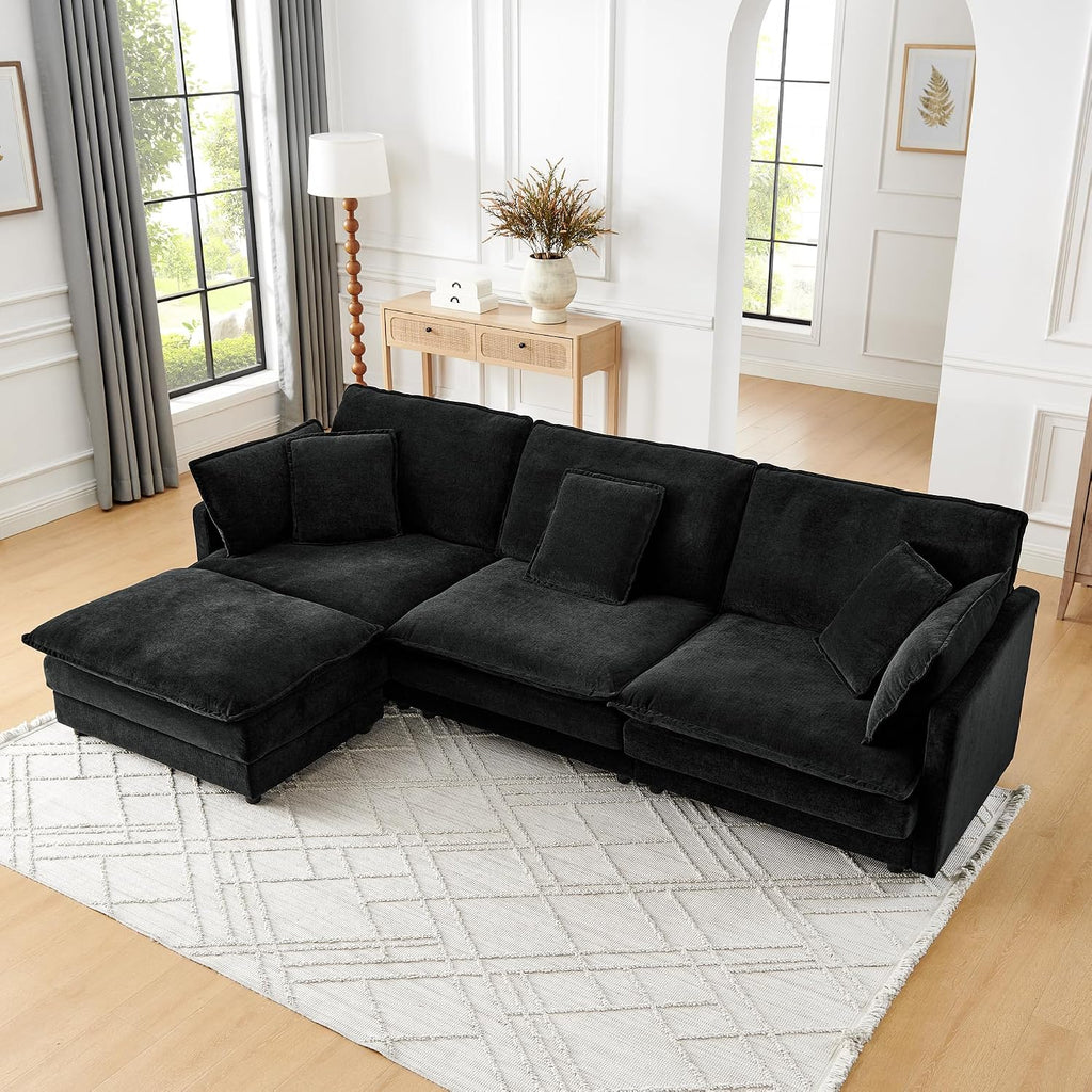 Ball & Cast L-Shaped Modular Sectional Sofa Convertible Oversized 4 Seater Cloud Couch with Ottoman, Corner Sofas Comfy Couches for Living Room Spacious Space Office Lounge, Black
