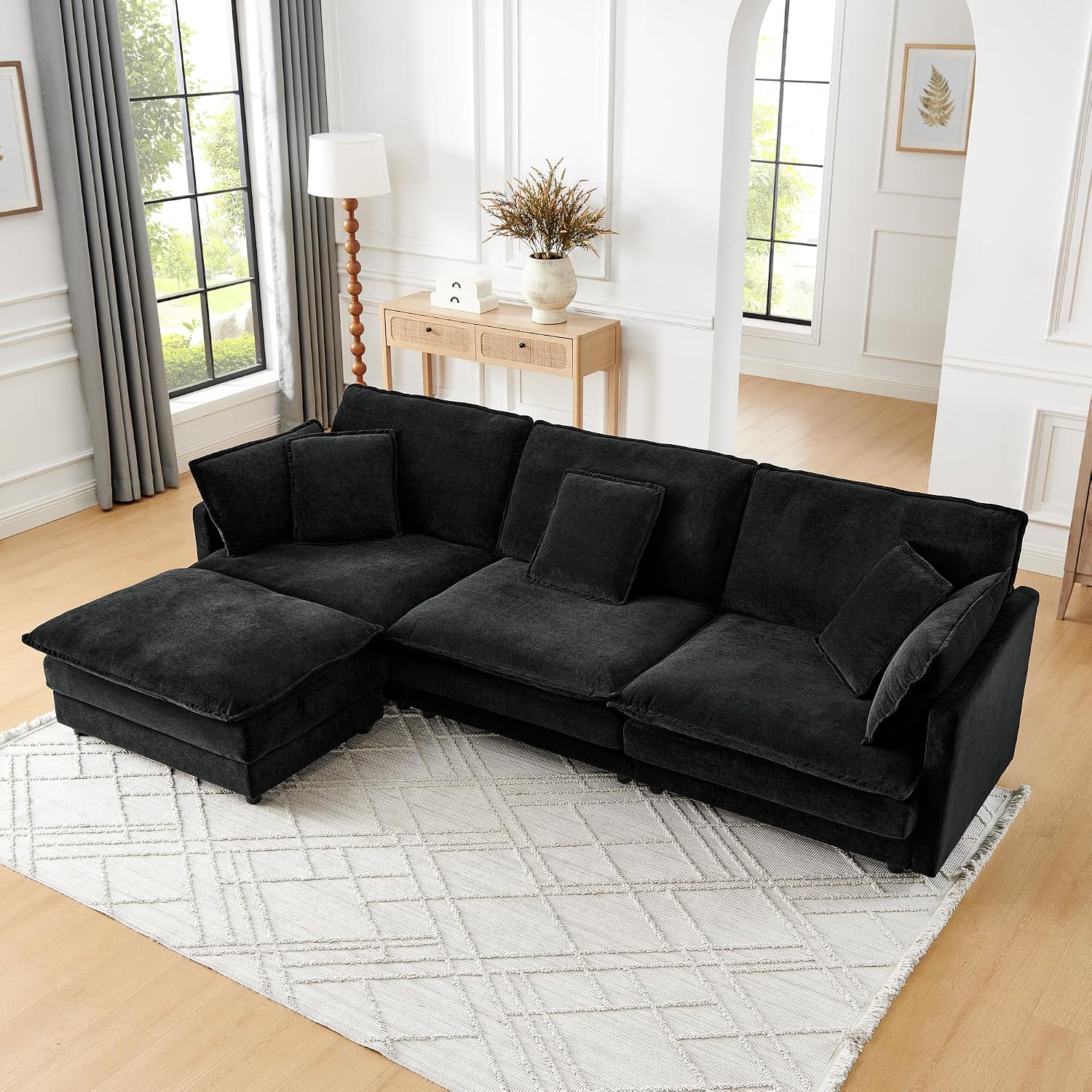 Ball & Cast L-Shaped Modular Sectional Sofa Convertible Oversized 4 Seater Cloud Couch with Ottoman, Corner Sofas Comfy Couches for Living Room Spacious Space Office Lounge, Black