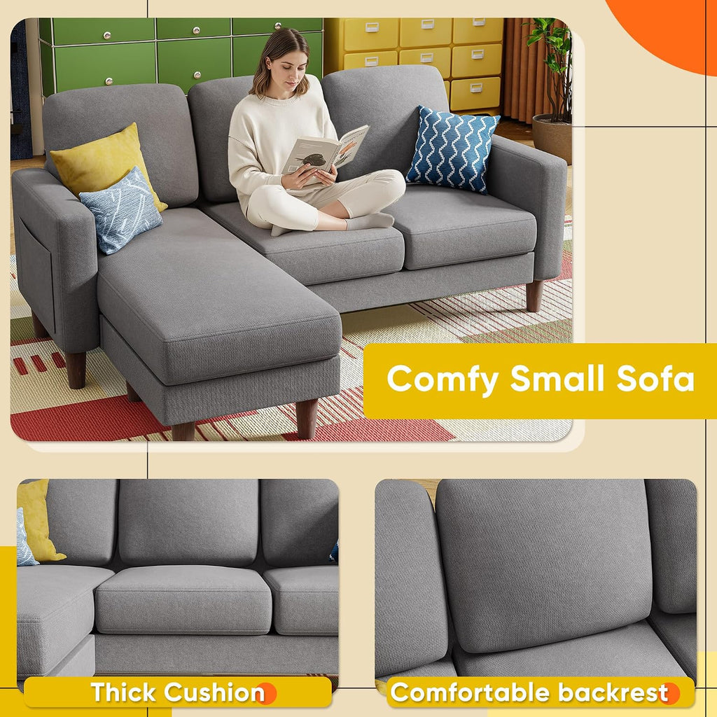 YESHOMY Couches for Living Room, Sofa with Movable Ottoman, Small Couch with Reversible Chaise and Side Pockets, L Shaped Couch for Small Space, Apartment (Linen Fabric, Light Grey)