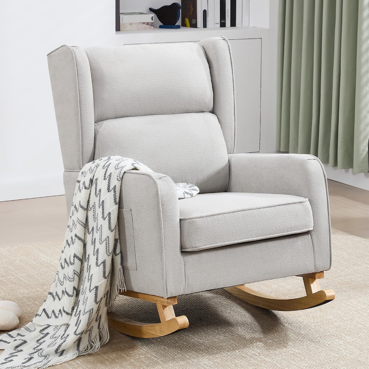 HCHAIRH Nursery Rocking Chairs, Rocking Chair Nursery for Mom Nursery Rocker with High Backrest and Solid Wood Legs, Modern Wingback Accent Chair for Reading Living Room Bedroom, Light Grey