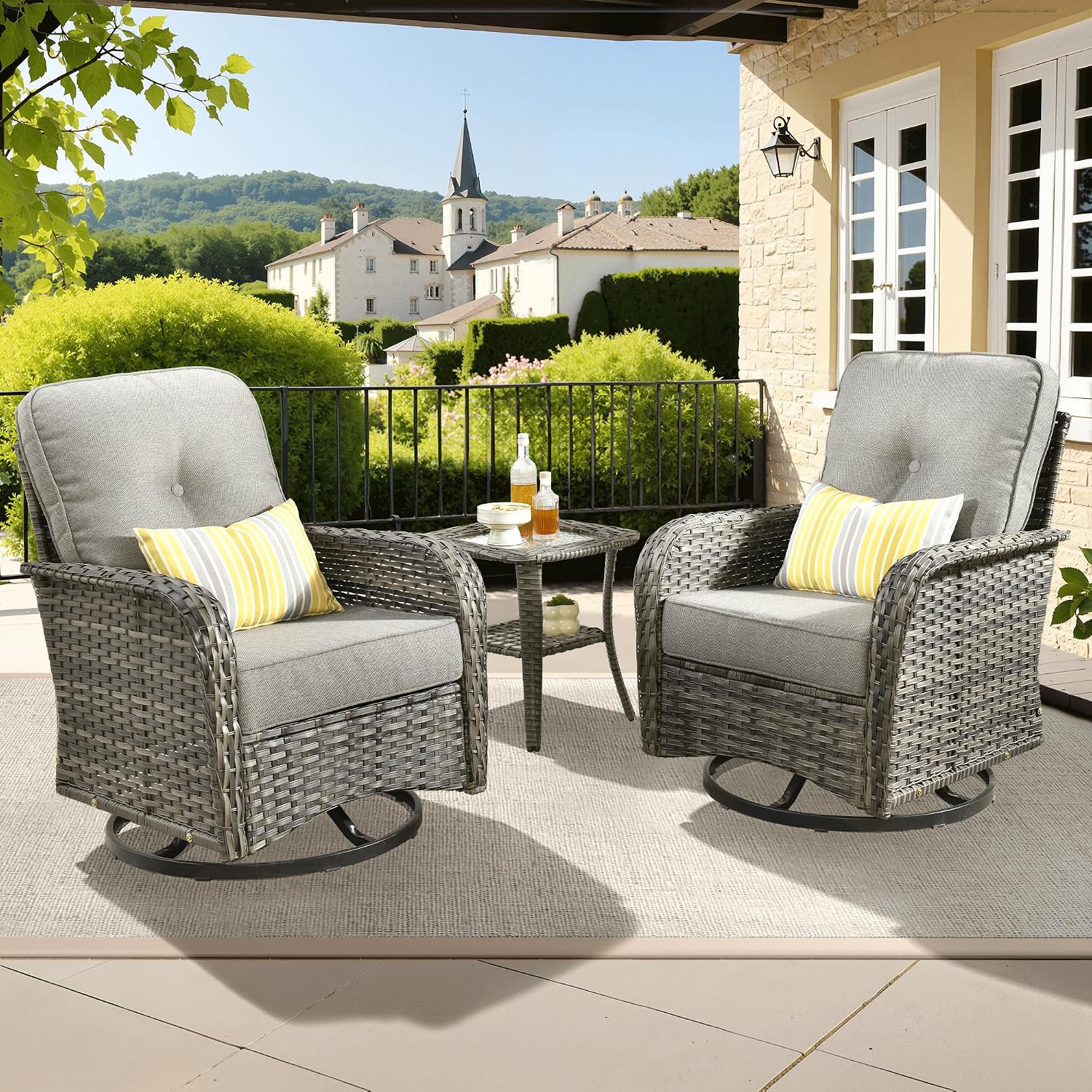 ovios 3-Piece Patio Furniture Set, Outdoor Wicker Sofa with Swivel Chairs, High Back Rattan Gliders Rocker with Comfy Cushions for Porch Yard Deck, Dark Grey