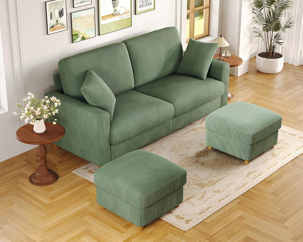 Kidirect 70in U Shaped Couch, Modular Sofa No Tool Assembly, Comfy Sectional Couches for Living Room 21in Deeper Seats, Corduroy Sofas for Living Room with 2 Pillows, Loveseat Sofa Set, Green Couch