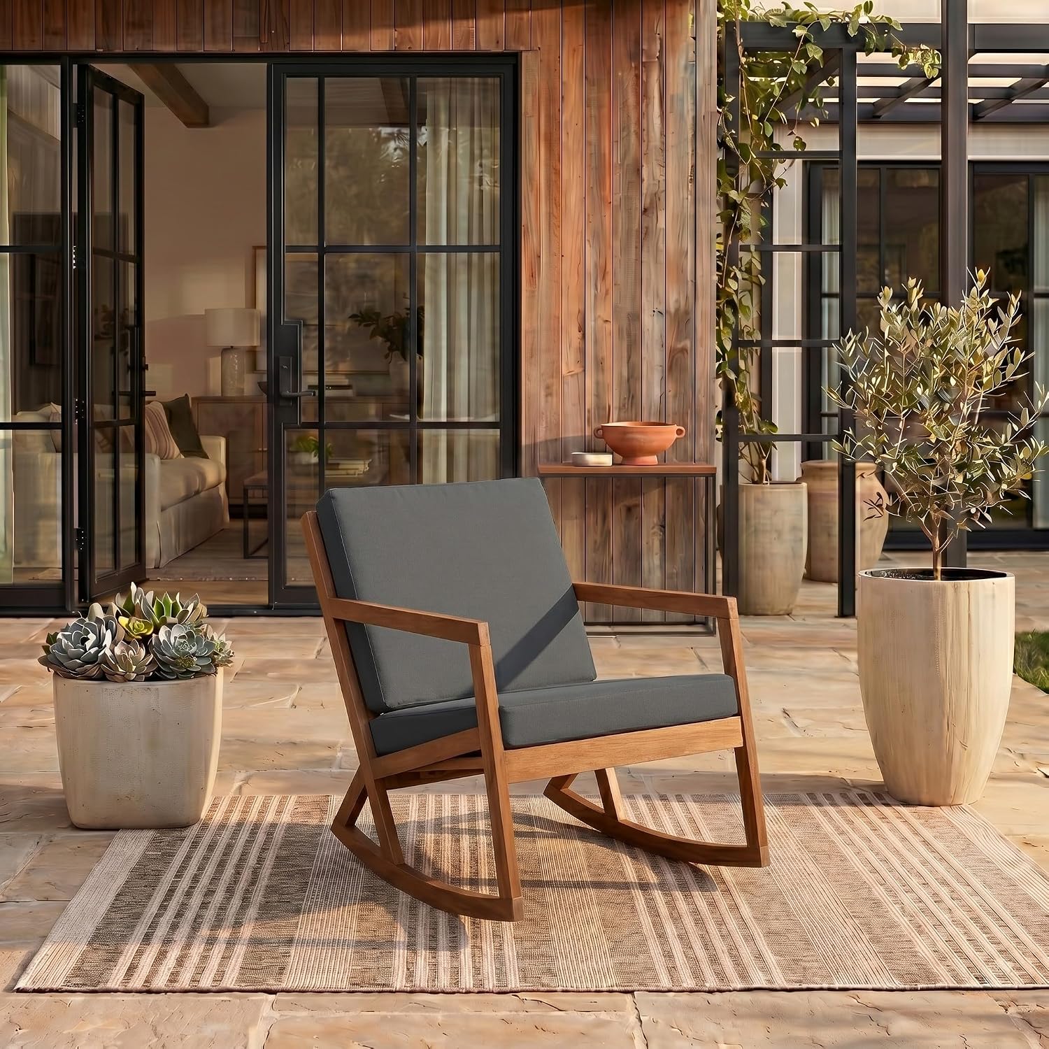 SAFAVIEH Outdoor - Vernon Rocking Chair - Natural & Grey - Solid Wood with Cushion - Shaker-Inspired Slatted Design - Ideal for Patio, Deck, Porch, Backyard, 24.6' Seat Height (PAT7013D)