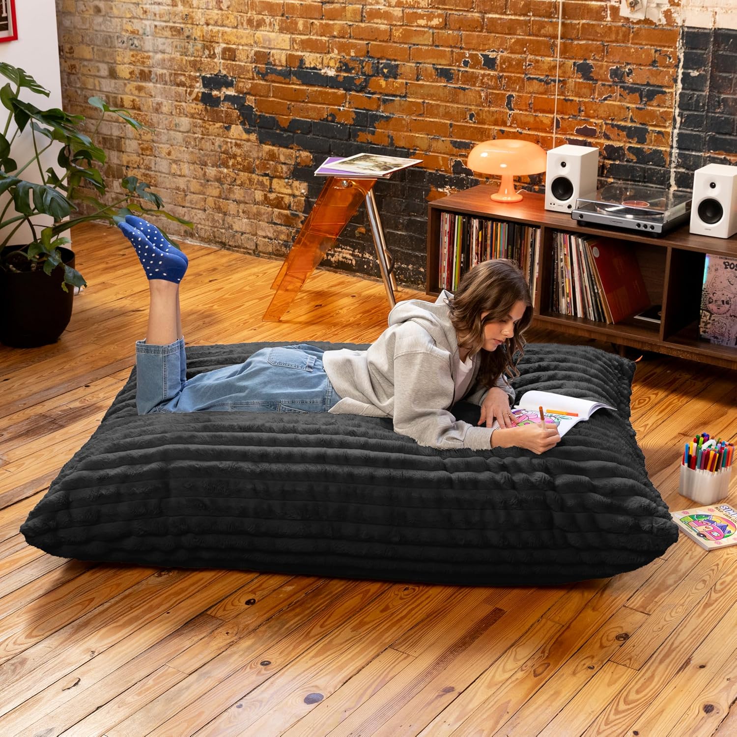 Pillow Saxx Bean Bag Rocking Chair - Elegant Oversized Rocker with Modern Wood Frame, Mondo Fur Black