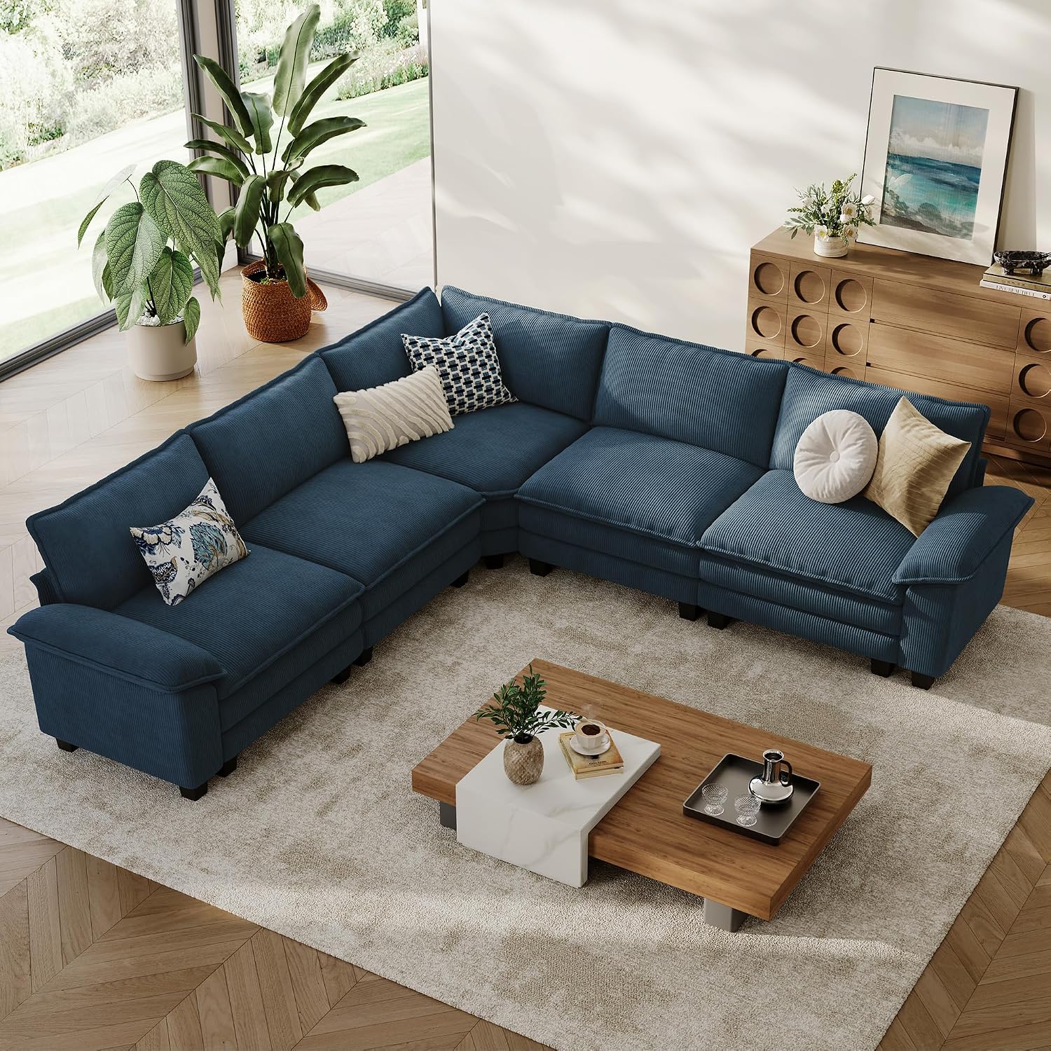 LINSY HOME Modular Sectional Sofa, 5-Seat Corduroy Modern Cloud Couch with Deep Seat, Perfect for Living Room, Office, Bedroom, Blue