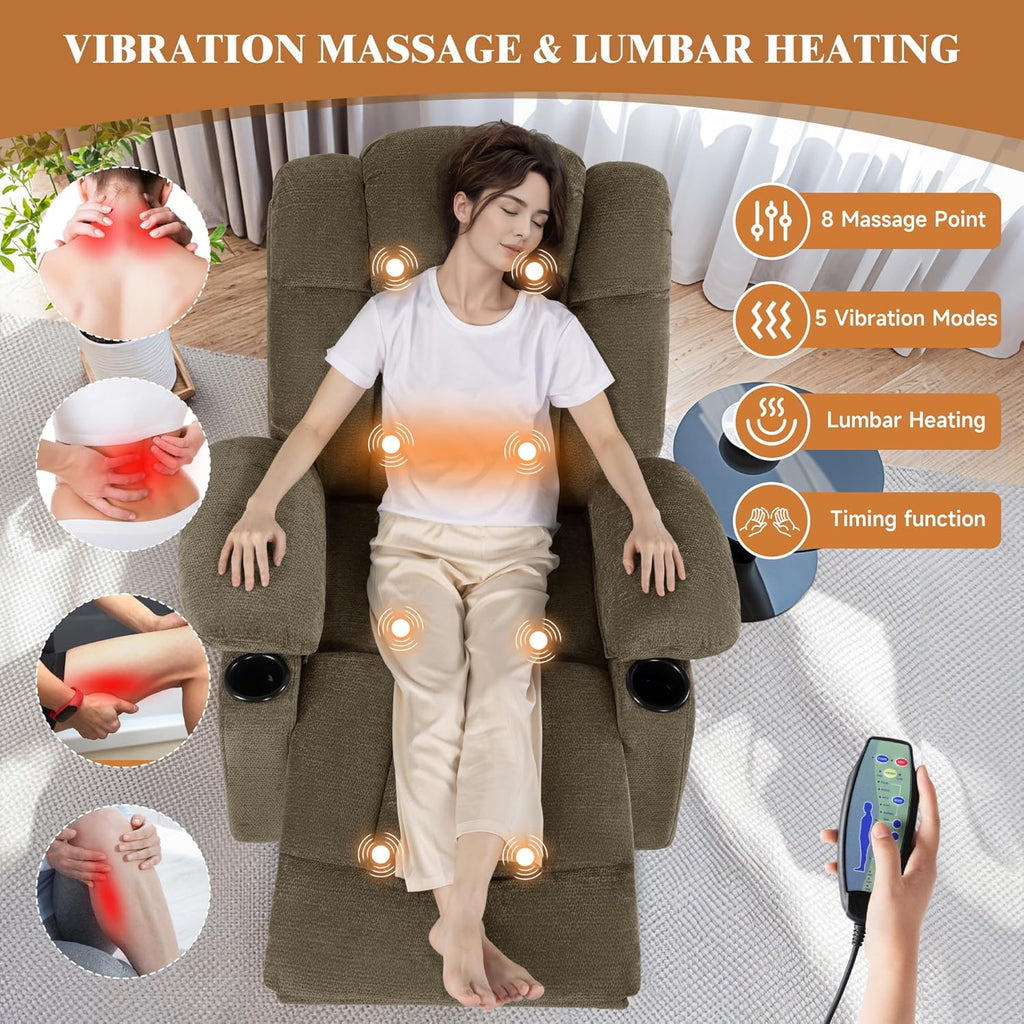 Swivel Rocker Recliner Chair for Adults – Manual Glider Sofa with Massage, Heat & Vibration, 360° Rocking for Living Room or Nursery (Light Brown, 30'x30'x40')