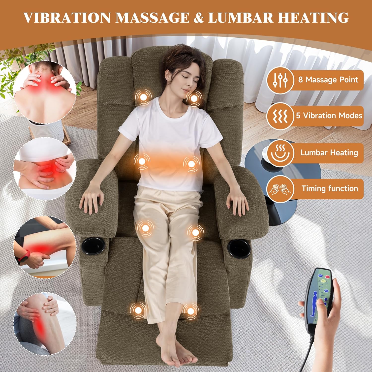 Swivel Rocker Recliner Chair for Adults – Manual Glider Sofa with Massage, Heat & Vibration, 360° Rocking for Living Room or Nursery (Light Brown, 30'x30'x40')