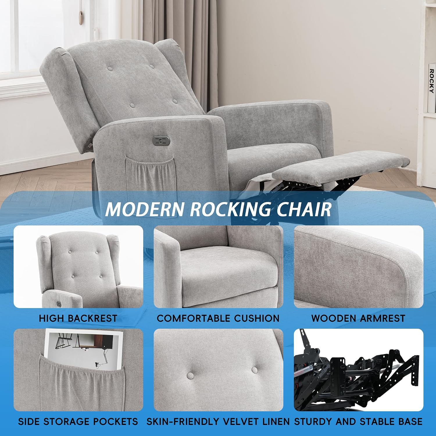 Swivel Rocker Power Recliner Chair for Nursery, 270° Swivel Glider Recliner with USB & Type-C Charging, Electric Reclining Chair with Storage Pockets, Upholstered Recliner for Living Room (Grey)