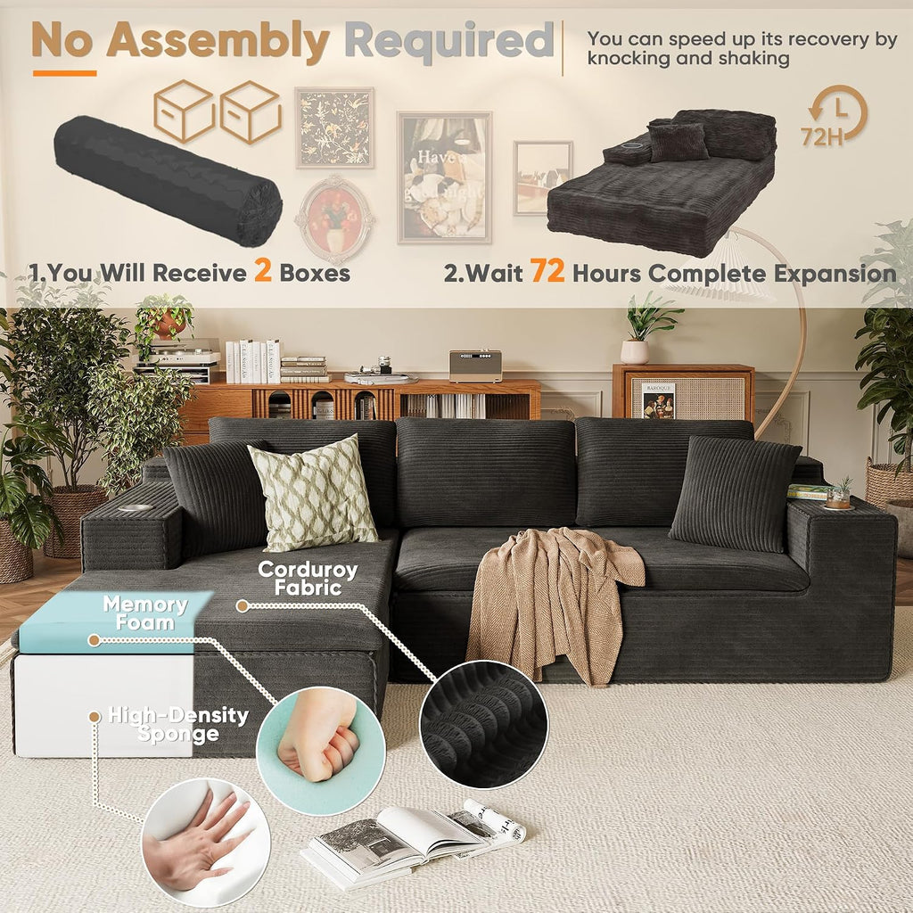 Homall 109' Boneless Couch with Memory Foam, Modular Sectional Sofa with L-Shape Chaise, Cloud Couch with Deep Seat, Dual Cup Holders & Side Pockets, No Assembly Required (Black)