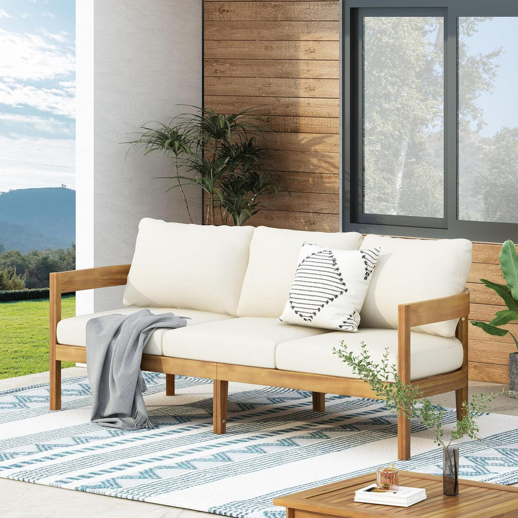 76.5 Inch Outdoor Acacia Wood 3-Seater Patio Sofa with Beige Cushions Curved Tuxedo Design Weather-Resistant Garden Backyard Couch, Teak