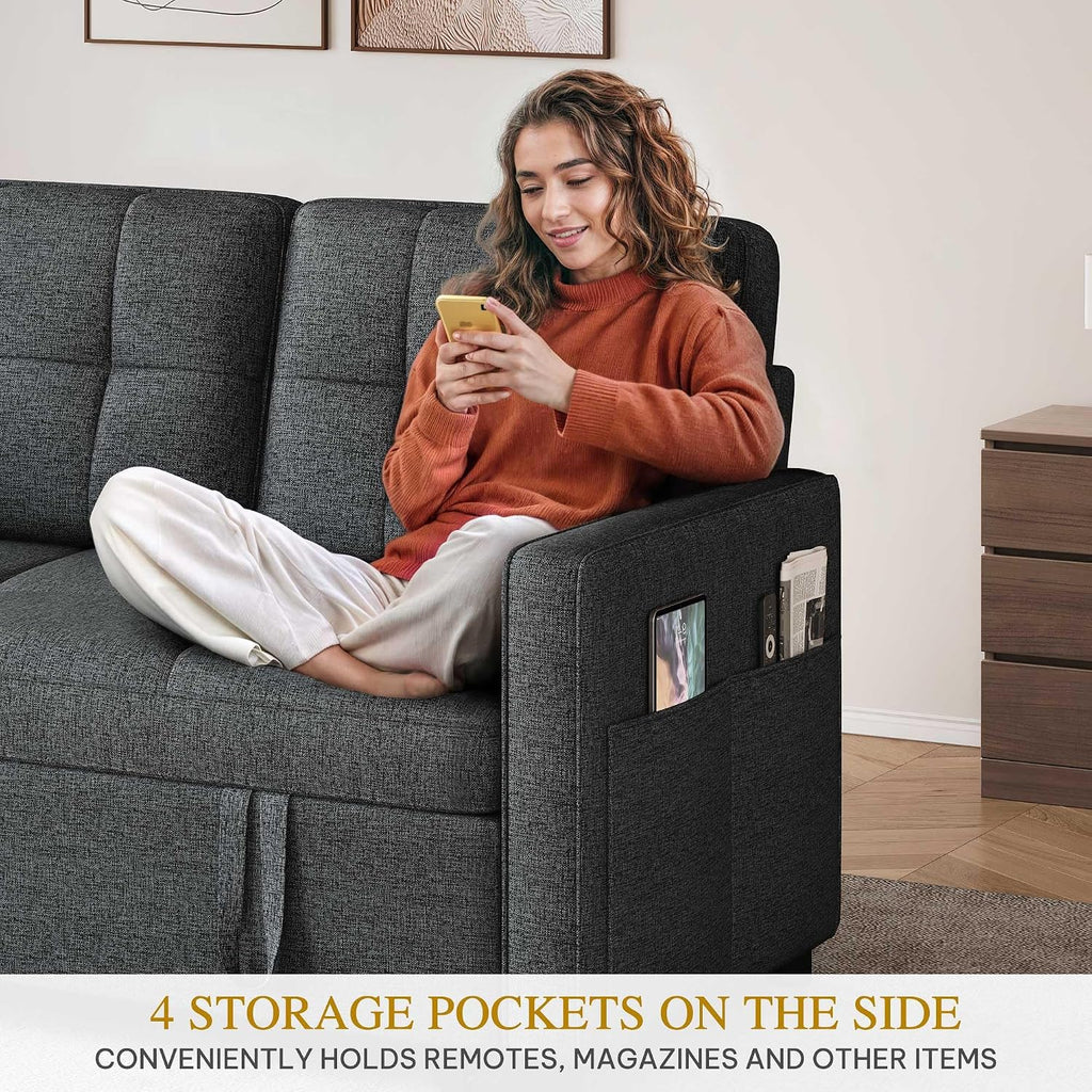 YITAHOME 55' Convertible Sofa Bed, 3-in-1 Sleeper Sofa with Iron Frame Pull-Out Bed, Linen Futon Couch with Reclining Backrest and Side Pocket, Modern Loveseat for Living Room Bedroom Apartment, Grey