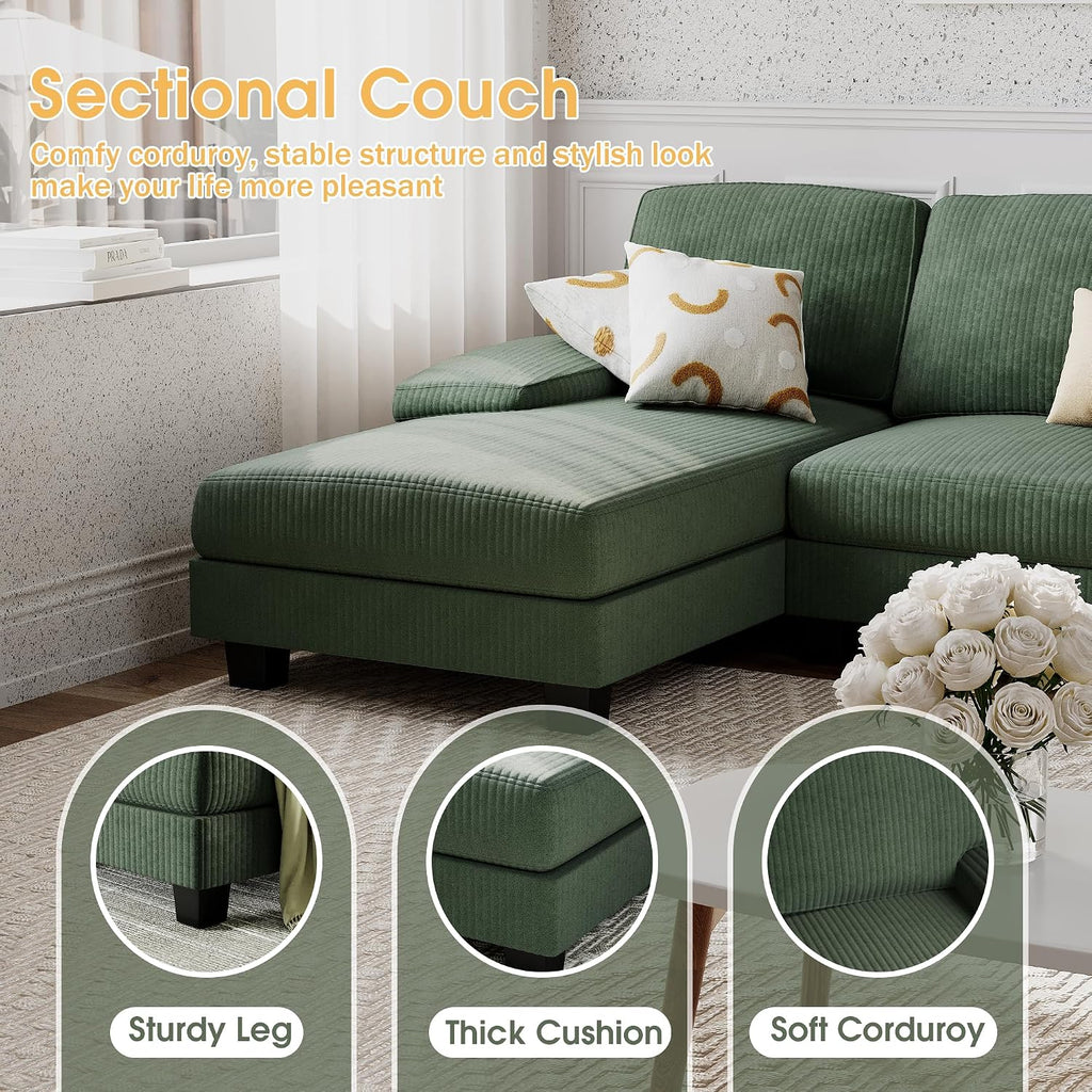 Furniwell Convertible Sectional Sofa Couch, 4 Seat Sofa Set for Living Room U-Shaped Modern Fabric Modular Sofa Sleeper with Double Chaise & Memory Foam (Corduroy, Deep Green)