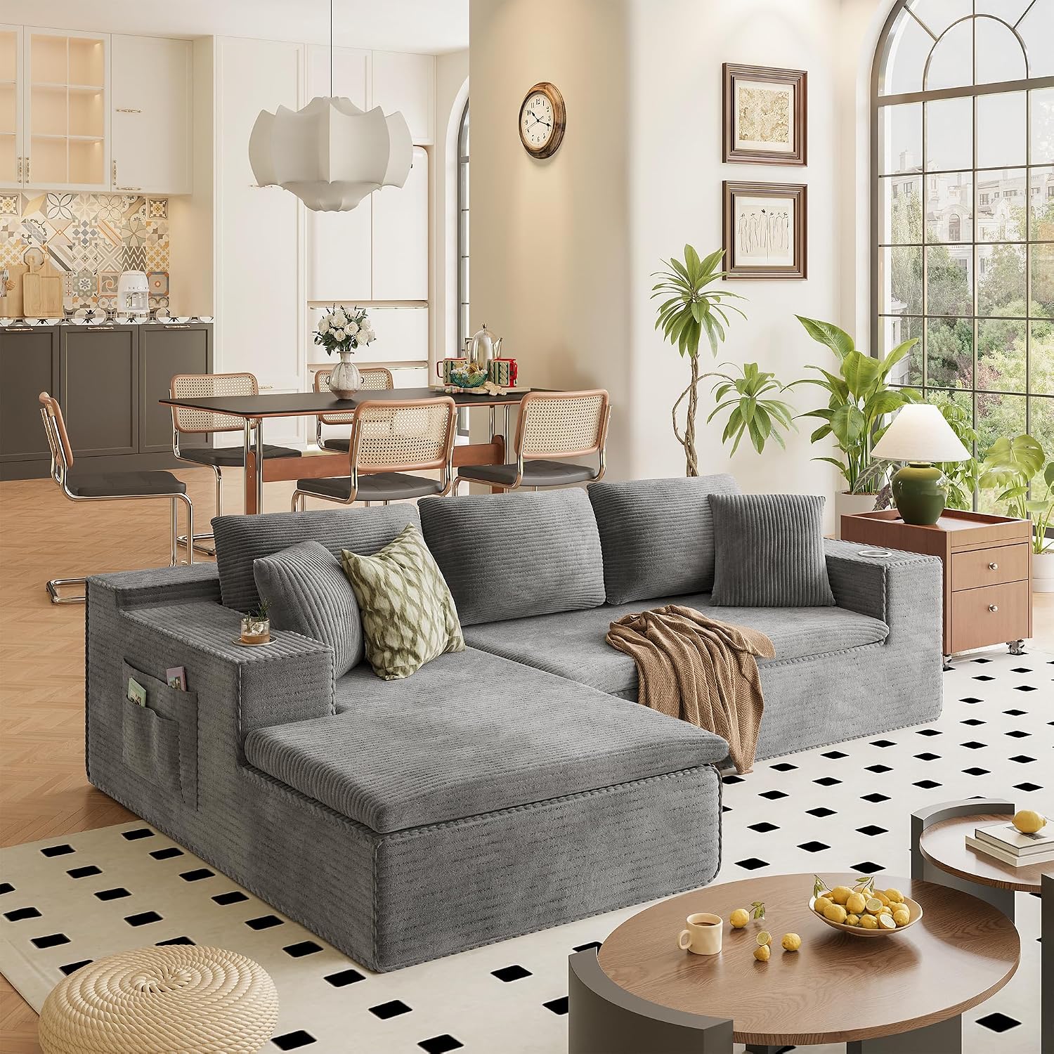 Homall 109' Boneless Couch with Memory Foam, Modular Sectional Sofa with L-Shape Chaise, Cloud Couch with Deep Seat, Dual Cup Holders & Side Pockets, No Assembly Required (Gray)