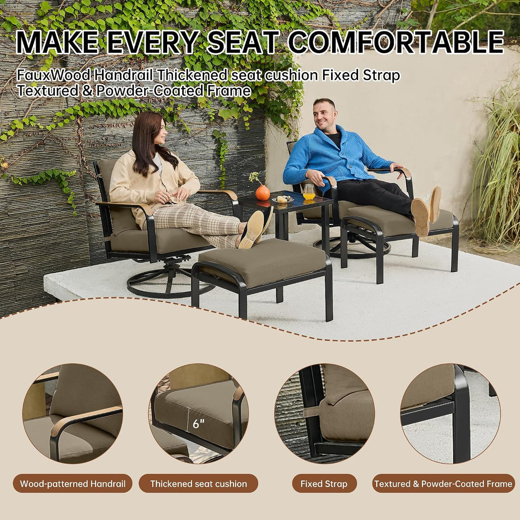NATURAL EXPRESSIONS Patio Furniture Set,Outdoor Patio Chairs with 2 Swivel Glider Rocking Chairs,5 Piece Outdoor Conversation Set with Ottomans,All Weather Sturdy Frame,6' Cushions for Garden,Yard