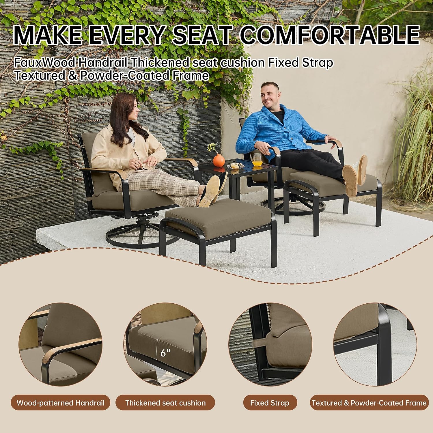 NATURAL EXPRESSIONS Patio Furniture Set,Outdoor Patio Chairs with 2 Swivel Glider Rocking Chairs,5 Piece Outdoor Conversation Set with Ottomans,All Weather Sturdy Frame,6' Cushions for Garden,Yard