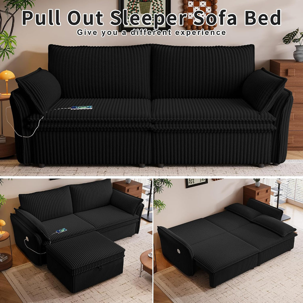 85' Convertible Sofa Bed with Storage Ottoman, Plush Corduroy Fabric Loveseat Pull Out Couch with Adjustable Backrest and USB Charger, 2 Soft Pillows, Couch Bed for Living Room, Small Space,Black