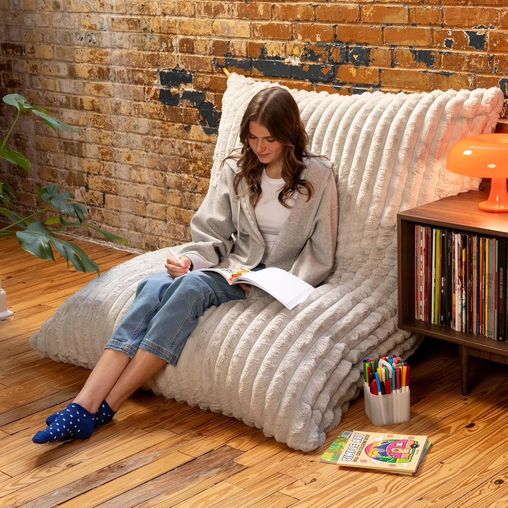 Pillow Saxx Bean Bag Rocking Chair - Elegant Oversized Rocker with Modern Wood Frame, Mondo Fur Grey