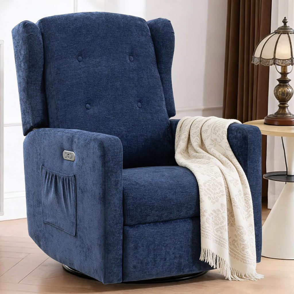 Swivel Rocker Power Recliner Chair for Nursery, 270° Swivel Glider Recliner with USB & Type-C Charging, Electric Reclining Chair with Storage Pockets, Upholstered Recliner for Living Room (NavyBlue)