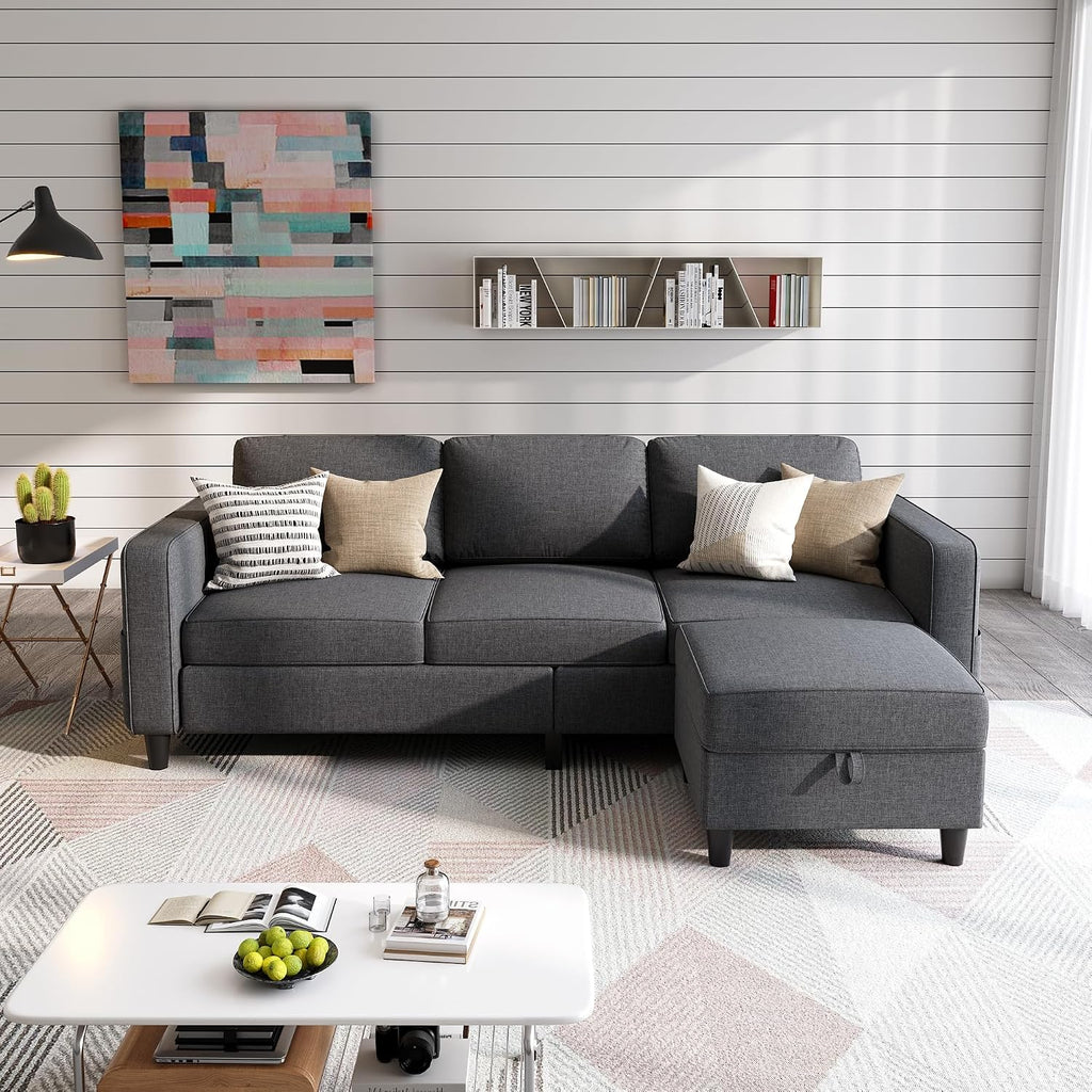 Grzyhem Sectional Sofas Couches for Living Room 78' L-Shaped Small Couch - Modern Linen Dark Grey Sofa with Storage Ottoman for Apartments, Studios Home Offices, Small Space