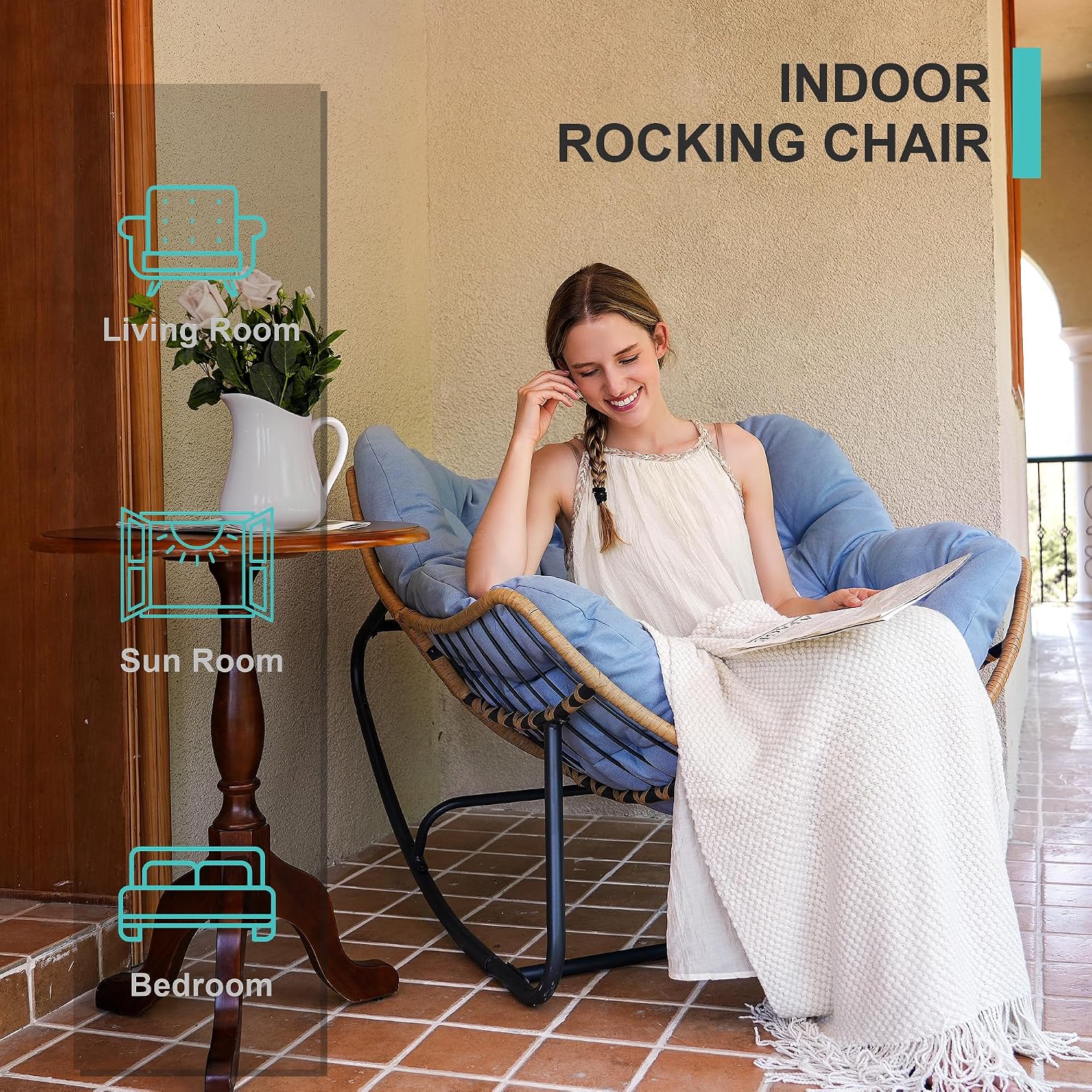 SWITTE Outdoor Rocking Chair, Indoor Papasan Rocking Lounge with Thick Cushion, Oversized Cozy Patio Rocker for Bedroom, Living Room, Porch, Garden, Lawn-Light Blue