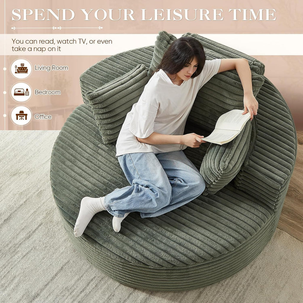 Oversized Round Chaise Longue Chair Indoor, Modern 55-inch Upholstered Corduroy Deep Seat Circle Single Cloud Lounge Floor Sofa Chair for Living Room, Bedroom Apartment, Green